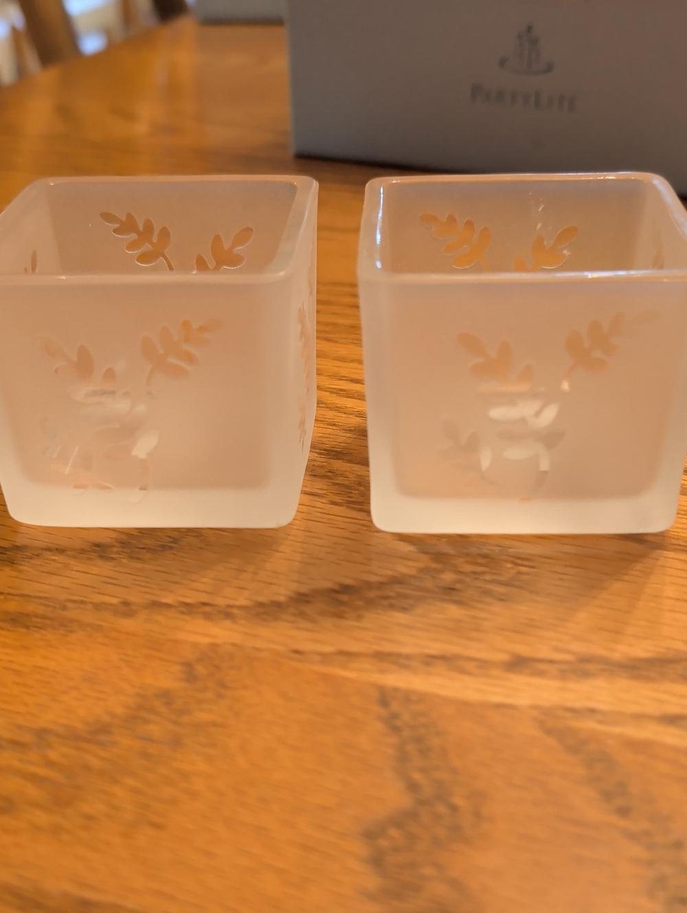 PartyLite Square Pair Frosted Glass Votive Holders with Leaf/Fern Cutout Design